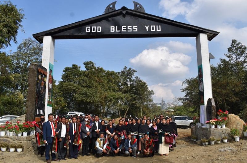 MLA Keneizhakho Nakhro, Thejavakhrie group members and others during the inauguration of Jotsoma Village Gate along the Bypass Road, Jotsoma on December 9. (DIPR Photo)